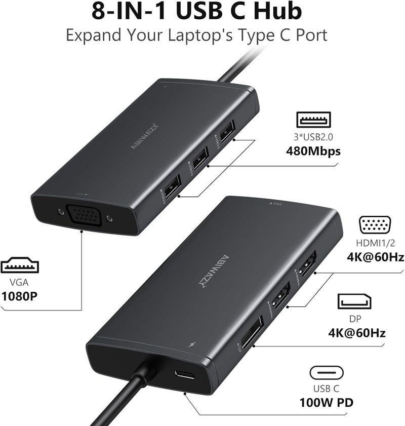 ABIWAZY محطة إرساء USB C لشاشتين مزدوجتين لأجهزة HP و Dell و Lenovo Thinkpad و Surface، 8 في 1 محول مركز متعدد الشاشات إلى HDMI مزدوج 4K و DisplayPort و VGA و 00W PD و 3 USB لأجهزة الكمبيوتر المحمولة بنظام Windows (أسود) - Image 2